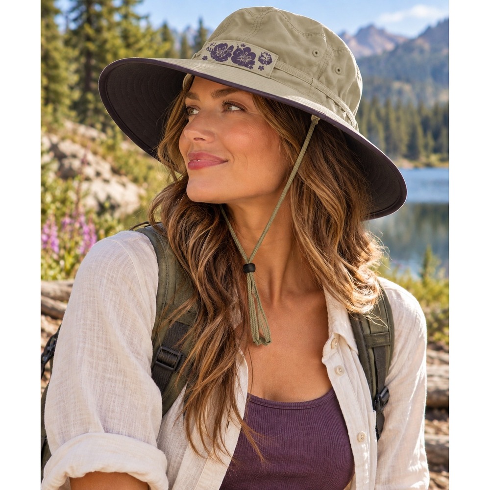 REI Co-op Women's Wide Brim Sun Hat Khaki Purple Aloha Hibiscus Floral Sz S/M